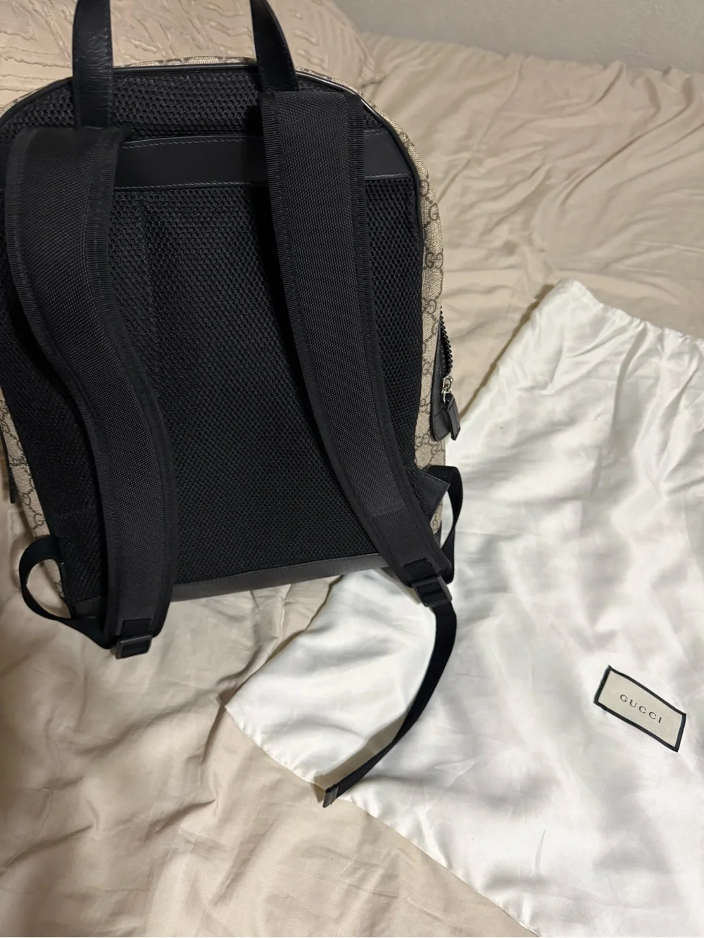 Gucci Beige GG Supreme Canvas Backpack with Black Trim